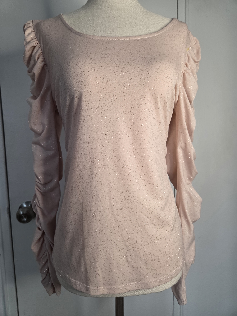 CeCe Blush Pink Glitter Ruched Long Sleeve Top